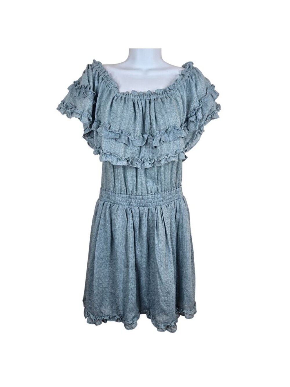 Talulah Blue Ruffle Off-Shoulder Elastic Waist Dress Size L Chambray Ditzy Print